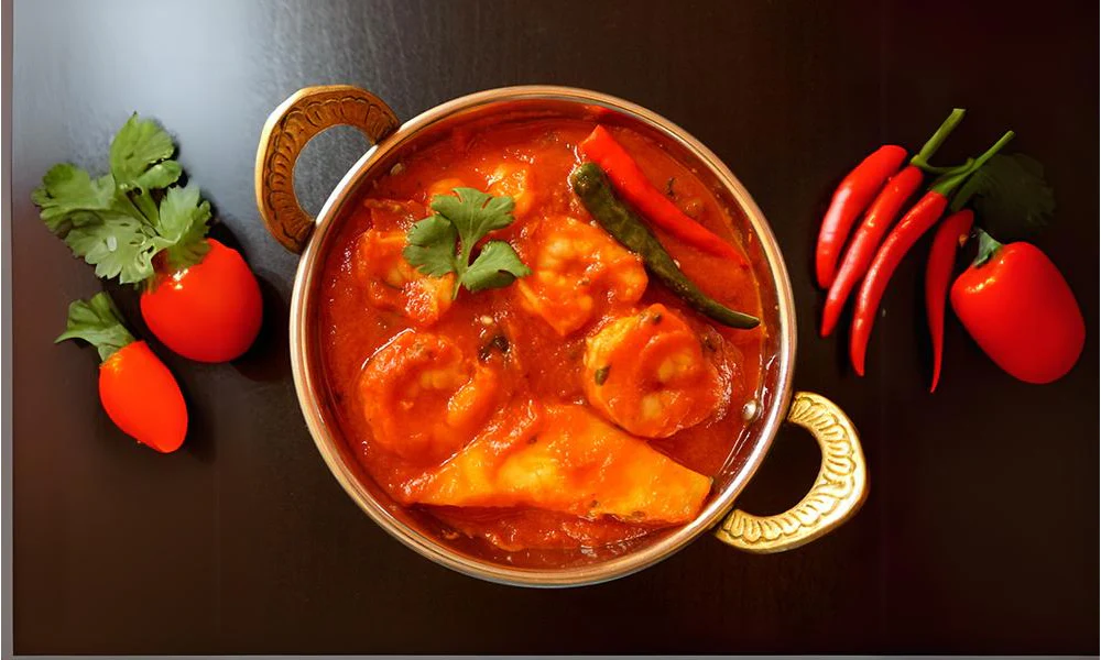 Spicy tomato-based curry with prawns in a brass bowl.