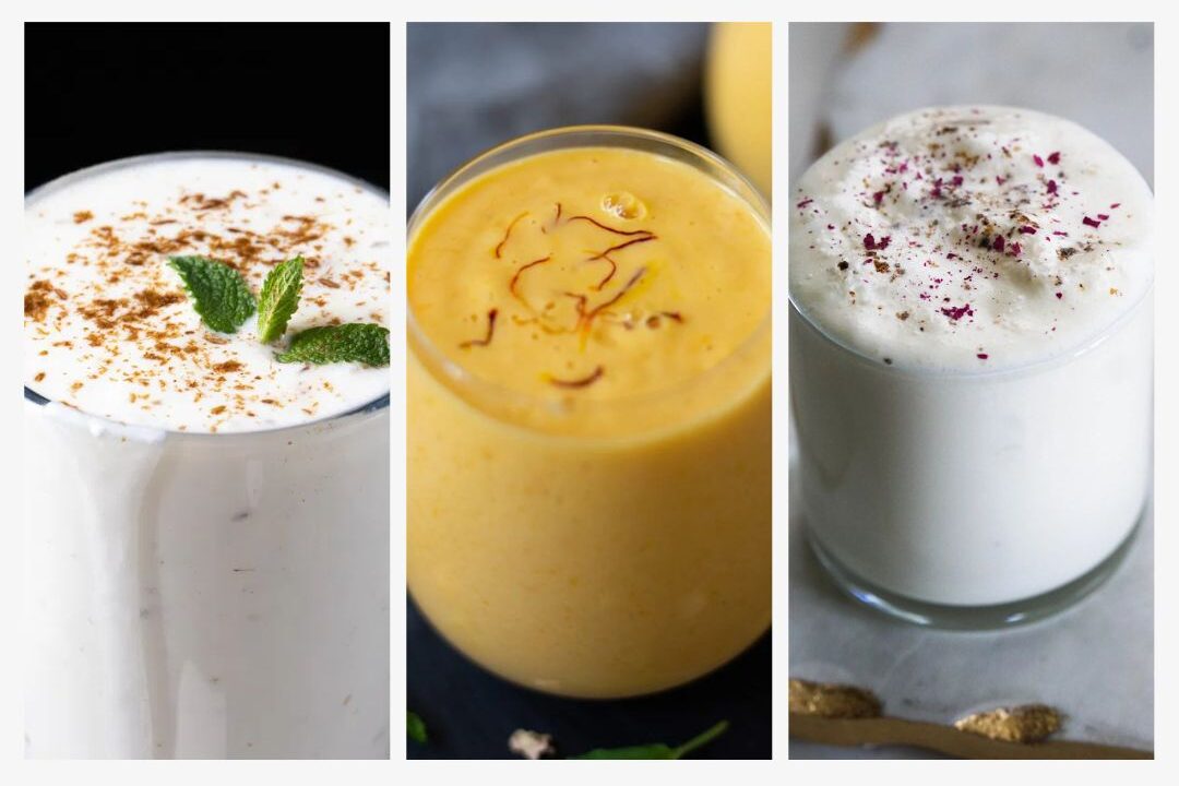 Three creamy beverages in glasses, garnished with spices and herbs.