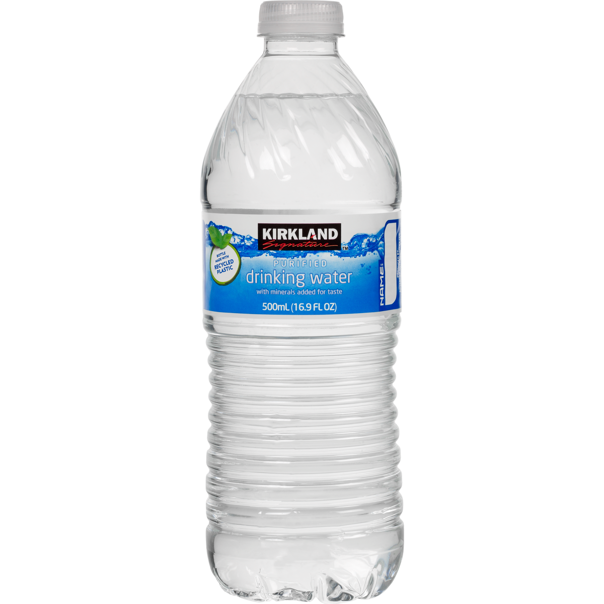A clear plastic bottle of Kirkland purified water with a blue label.